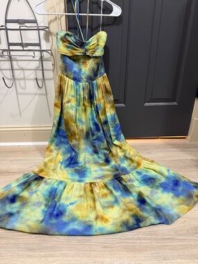 HUNTER BELL Blue & Yellow Tie-Dye Smocked Halter Maxi Dress